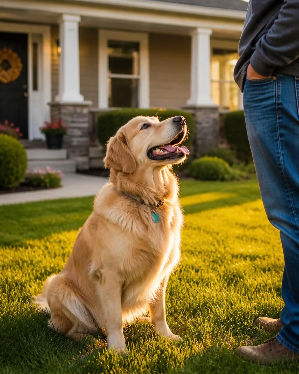 Happy dog looking up at its owner in a safely contained yard