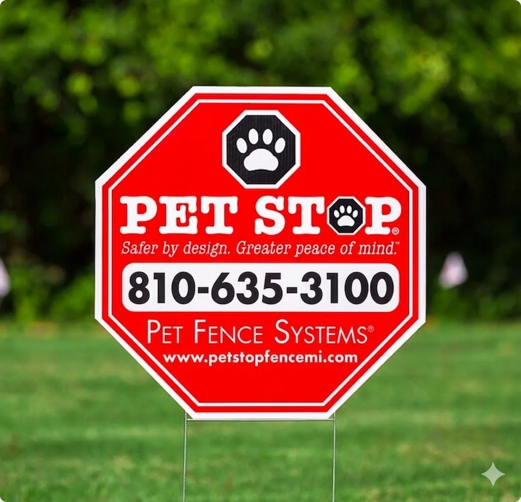 Pet Stop yard sign marking a professionally installed hidden fence